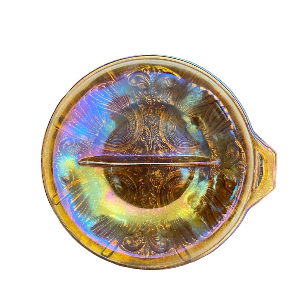 Amber iridescent carnival glass split candy serving dish VGUC hippie boho look